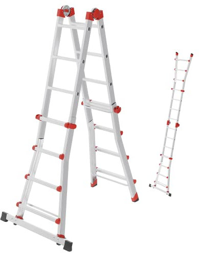 Hailo M80 Alu-Multifunktionsleiter - Schiebeleiter 4 x 4 Sprossen belastbar bis 150 kg - Sicherheitsgelenke und Rastgriffe - sprossenweise höhenverstellbar - Mehrzweckleiter rostfrei - Silber