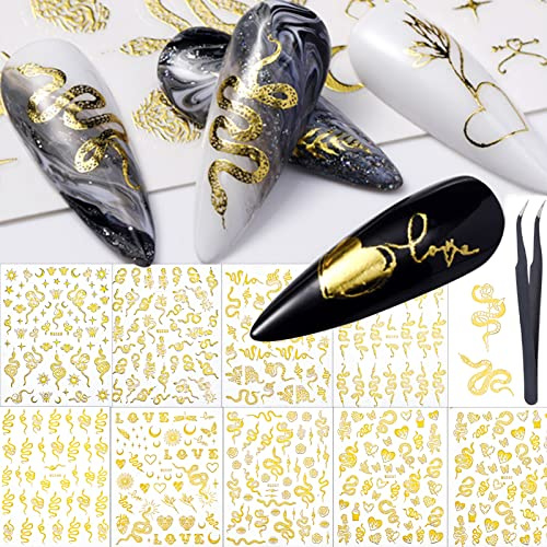 NICENEEDED 8 Blatt Gold Schlange Nail Art Sticker, 3D Selbstklebende Nagelabziehbilder Nail Art Zubehör mit Pinzette für Frauen Mädchen Nageldesign DIY Dekor Nail Art Zubehör