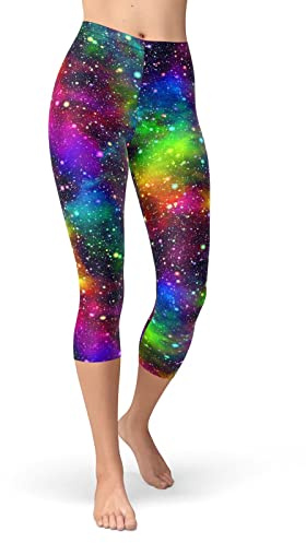sissycos Women's Artistic Splash 80s Printed Cropped Capri Leggings Buttery Soft Tights (Galaxy, Small-Large)