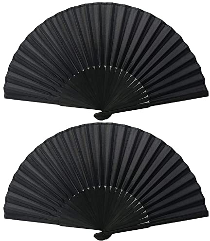 Folding Hand Fans, 2 Pcs Handheld Folding Fan, Black Folding Hand Fan for Women Men, Chinese Silk Fabric Handheld Fan for Wedding Party Decoration Birthday Gifts