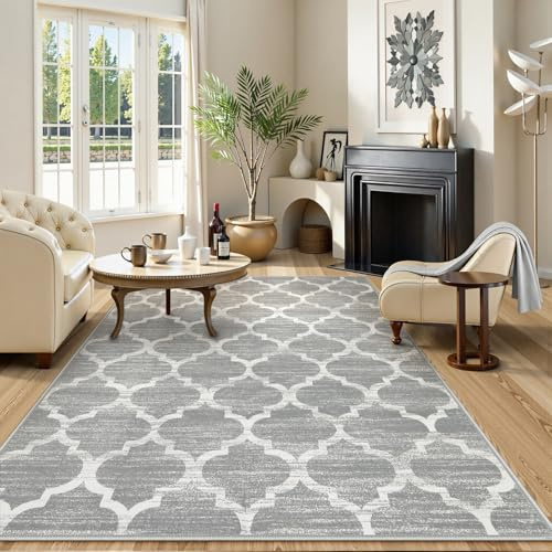 Lahome Moroccan Machine Washable Rug - 5x7 Area Rugs for Living Room Non-Slip Grey Bedroom Rugs Throw Large Modern Trellis Carpet for Entryway Office Kitchen Dining Room Decor Meline (5'x7', Gray)