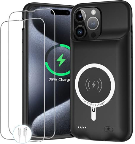Battery Case for iPhone 15 Pro, 10000mAh Portable Protective Charging Case with Wireless Charging Compatible with iPhone 15 Pro (6.1 inch) Extended Battery Pack Charger Case with Carplay (Black)
