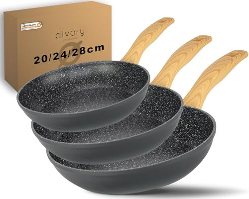 DIVORY Pfannenset 20, 24, 28cm Induktion Pfanne 3-teilig – Antihaft Beschichtete große Universalpfanne für alle Herdarten - Fester Griffe, Spülmaschinen geeignet (Griff: Helle Holzoptik)