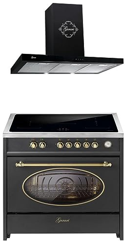 GURARI Induktions-Standherd E 913 RU BL+ GCH F 462 BL 9 Prime, Retro Range Cooker 90 cm/FLEX ZONEN/ 5 Zonen / 121L + Dunstabzugshaube 90 cm