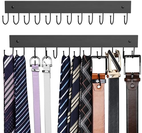 Belt Hanger Wall Mounted, Wooden Belt Organizer 2 Pack Max 24 Storage Capacity, 180° Rotating Space Saving Hangers for Ties, Tank Tops, Scarves, Bras, Keys, Bags Halloween Black