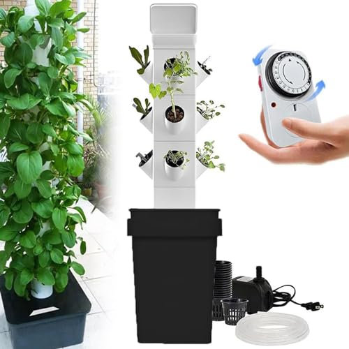 HLGKBY 12/16/20/24 Löcher Hydrokultur-Anbausystem, Gartenpflanzer-Hydrokultur-Turm, Feuchtigkeitspumpe, Timer, Adapter, Aeroponik-Anbauset für Kräuter, Netztöpfe, Obst und Gemüse 12Holes