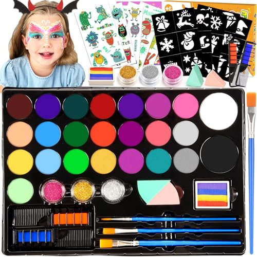 Truccabimbi Kit - 28 Colori Truccabimbi Kit Anallergici Atossici Professionali con 3 Pennelli 30 Stencil Regalo Bambina 3 4 5 6 7 8 9 Anni- Trucca Bimbi Viso Bambini per Halloween, Carnevale, Pasquale