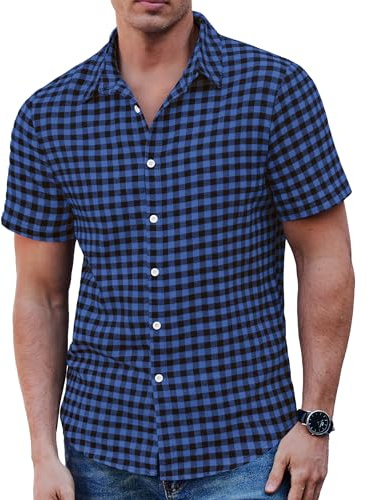 COOFANDY Camisa de hombre a cuadros de manga corta para el tiempo libre, corte regular, camisa informal, A-azul y negro, XL