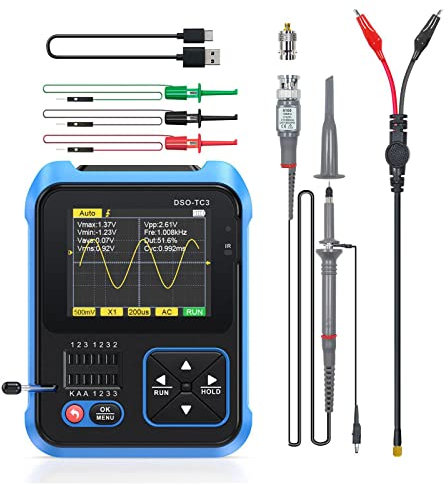 Digital Handheld Oscilloscope, DSO-TC3 3 in 1 Oscilloscope 500Khz Bandwidth 10MSa/s Sampling Rate DDS Signal Generator Transistor Tester with LCD Backlight Display, 6 Waveforms