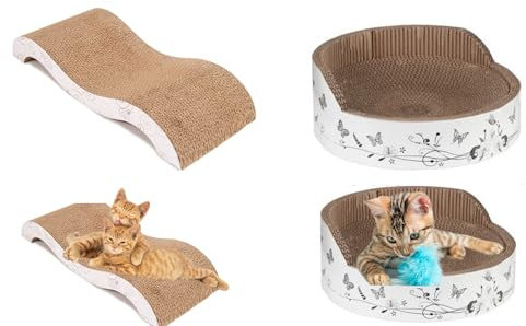 Primecraft Katzen Kratzmöbel Set - Kratzbrett und Kratzwelle aus hochwertiger Pappe, langlebiges Katzen Kratzspielzeug, inklusive Kratzschutz für Möbel, geeignet für Wand und Ecke