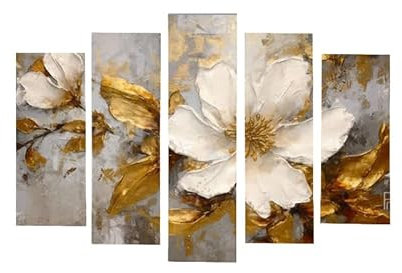 AREDE Set di 5 Stampe da Parete Quadri Moderni Decorazioni da Muro per Casa Soggiorno Camera da Letto e Cucina Bellissimo fiore bianco e oro| 120 x 80 cm | Pronto da appendere