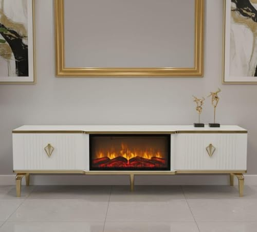 Stella Furniture Ltd Realistic Flame Effect TV Unit | Realistic Fire Effect TV Cabinet | Fire Insert TV Stand 160x40x50cm | Remote controlled fireplace effect TV unit (WHITE/GOLD)