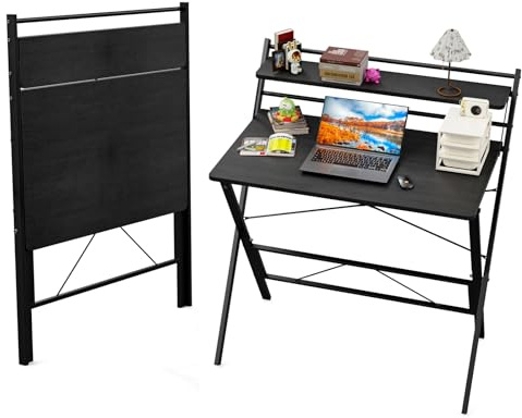 Lvhecforhm Schreibtisch Klappbar, Kleiner Schreibtisch Klein, Schwarz Schreibtisch Klappcomputer, Portable Schreibtische Klappbar mit Regal, Faltbar Schreibtisch für Home Office 80X50X107cm, PC-Tisch