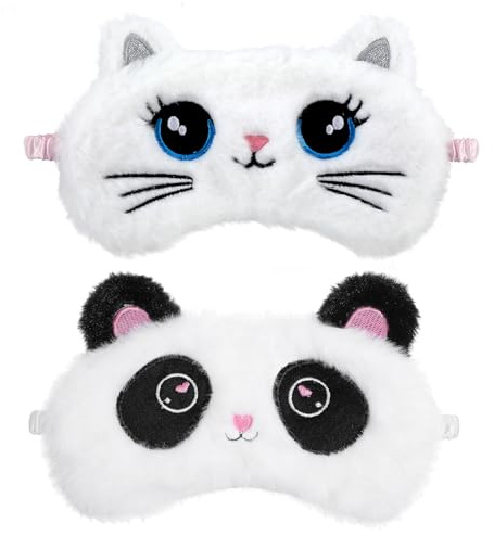 YUXIANLB 2 stycken plysch sovmask för barn färgglad mjuk sovmask söt djur ögonbindel sovmask satin ögonskydd för kvinnor barn resor tupplur present panda katt