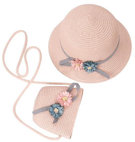 Strohhut und Kleine Tasche Set Mädchen Kinder Sommer Sonnenhut mit Blumendekoration für den Urlaub Reise Outdoor-Aktivitäten Rosa