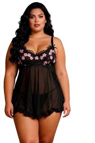 ohyeahlady Plus Size Spets Nattlinne Justerbara Axelband Kurviga Underkläder Ärmlös Babydoll V-Ringad Morgonrock Tulle Klänning Pyjamas Full Underkläder Tanga, Svart, S