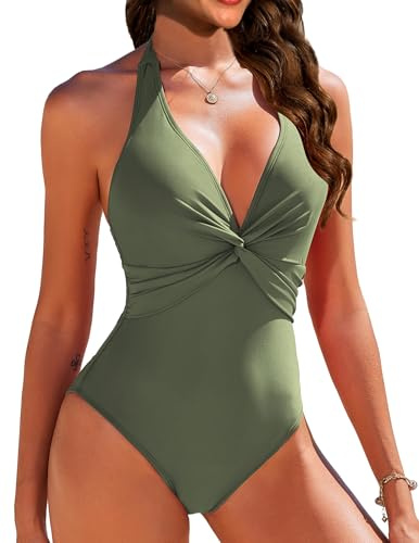 AI'MAGE Einteiliger Badeanzüge für Damen V-Ausschnitt Neckholder Bademode Swimsuit Sommer Badeanzug, Armeegrün, XXL