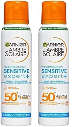 GARNIER Ambre Solaire Sensitive Expert+ - Brume Sèche - Protection Solaire FPS 50+ - Protège des UVA, UVB & UVA Longs - Résiste à L'eau - Céramides - Peaux Sensibles & Intolérantes au Soleil - 150 ml