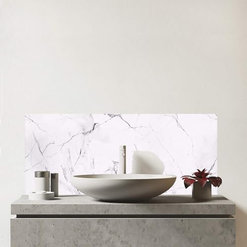 Warren Reed - Designer Premium White Marble Effect Glass Bathroom Splashback 6mm Toughened Glass – Water-Resistant Wall Protector for Basins & Sinks, Polished Edges