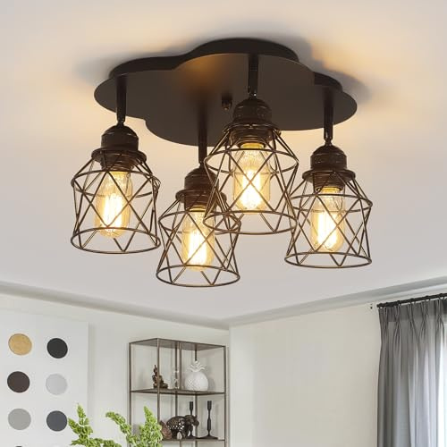 4-Lights Kitchen Light Fixtures Ceiling Mount, Adjustable Multi-Directional Black Flush Mount Ceiling Light Fixture, Vintage Metal Cage Farmhouse Lamp for Hallway, Dining Room, Farmhouse, Entryway