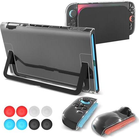 Teyomi Funda transparente acoplable compatible con Nintendo Switch 2, funda protectora transparente compatible con Nintendo Switch 2 con 2 fundas Joy-Con de TPU y 6 agarres para el pulgar, a prueba de