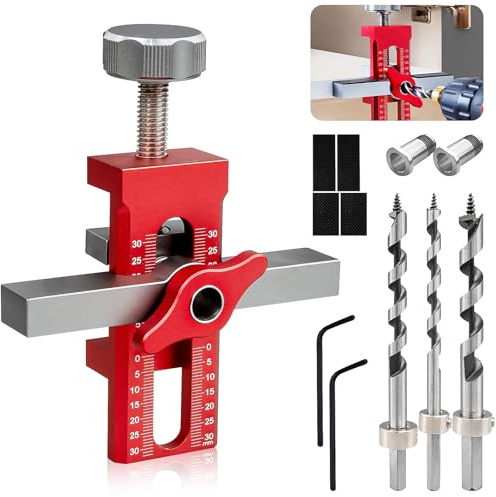 Cabinet Door Mounting Jig, Cabinet Door Installation Tool for Easy Door Support and Alignment, Adjustable Door Hinge Jig with Drill Bits for Kitchen Mount Hinges - Red