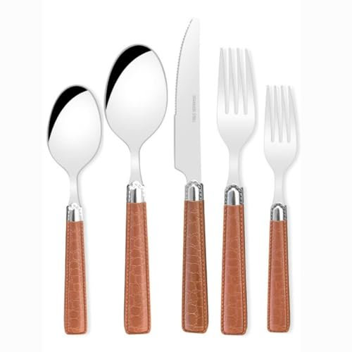 Juego de Cubiertos de Acero Inoxidable con Mango de Cuero ABS Estampado. Incluye Cuchillo para Carne, Tenedor, Cuchara y cucharilla. Color Negro (5 Piezas Marrones).