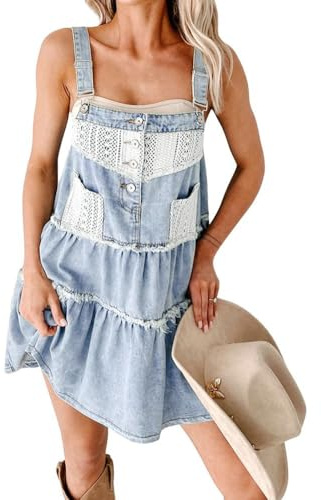 chouyatou Women's Summer Distressed Short Denim Overall Dress Adjustable Strap Lace Crochet Spliced Tiered Jean Dress (X-Large, Light Blue)