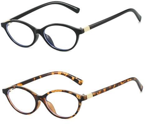 LJCZKA Blå Ovala Ljusglasögon Kvinnor Män Bågar Ovala Glasögon Små Y2K Kattögon Anti-Trötthet För Dator, Spel, TV, Svart + leopard