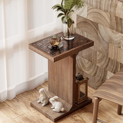 COZAYH Transitional Wood End Table with Glass Mosaic Grid Top, Mid-Century Accent Side Table with I-Shaped Base and Distressed Wood Finish for Living Room, Entryway, Office (Brown)