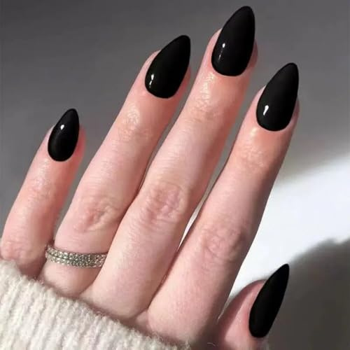 Xonojun 24 unghie finte a forma di mandorla corta, stile francese elegante, facile da applicare, kit unghie finte nere per feste di Halloween, donna e ragazza