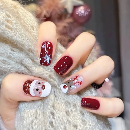 Lot de 24 faux ongles de Noël courts à coller pour femme, ongles festifs à presser avec motifs renne, flocon de neige et Père Noël, faux ongles pour cadeaux de fête de Noël (renne et flocon de neige)
