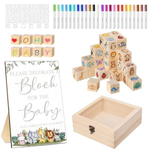Juego de 118 juegos para baby shower, madera, con 50 bloques de madera natural, 42 plantillas, 24 lápices acrílicos, placa de madera y caja de madera, adecuado para baby shower, niño y niña