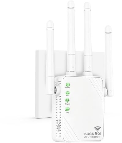 WiFi Range Extender & WiFi Booster 1200Mbps, Dual Band (5GHz/2.4GHz) Signal Amplifier with 4 High-Gain Antennas, 2-in-1 Modes, Ethernet Port, Quick Setup, UK Plug for Home Internet Coverage