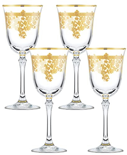 Set of 4 Embellished 24K Gold Crystal Red Wine Goblets-MADE In Italy