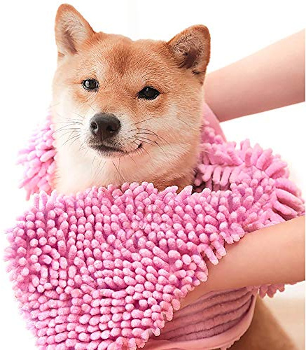ZERLITE Dog Towel - Microfiber Super Shammy with Hand Pockets, Ultra Absorbent Quick Dry Pet Bath Towels for Small, Medium, Large Dogs and Cats (Medium, 24'' x 14'', Pink)
