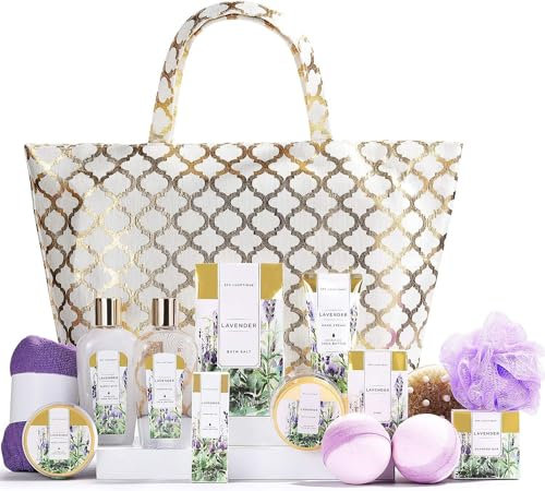Bade Geschenkset für Frauen, SPA LUXETIQUE 15 tlg. Lavendelduft Set, Geschenke mit Duschgel, Badebomben, Trockene Haarkappe, Geräumige Handtasche Geburtstagsgeschenk, Bade Set zum Muttertagsgeschenk