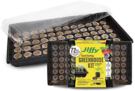 Ferry Morse Jiffy Seed Starting Greenhouse Tray Kit with 72 36mm Peat Pellets and Bonus SUPERthrive Sample + Plant Markers, 2 Pack, 144 Pellets Total