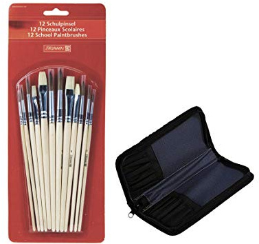 BRUNNEN 1048929 Schulpinselset (12 er Set, Naturhaar) (1, 12 Pinsel + Tasche)
