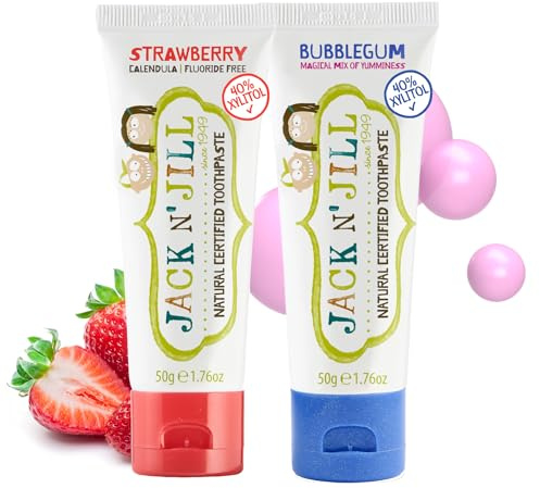 Jack N’ Jill Natural Certified Kids Toothpaste – Fluoride-Free Toddler & Baby Toothpaste with 40% Xylitol, No Sugar, Suitable from 6 Months+, Strawberry & Bubblegum Flavour, Pack of 2 (50g Each)