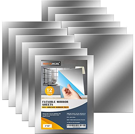 Performore Self Adhesive Plastic Mirror Sheets, 4x6 Inches Flexible Non Glass Body Mirror Tiles with Clear Protective Film Peel and Stick On Mirror for Bathroom Home Office Wall Decoration (12 Pack)