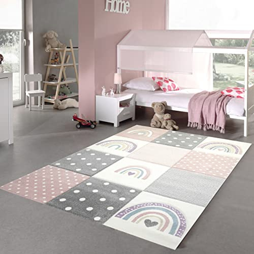 Teppich-Traum Kinderzimmer Teppich Spielteppich Regenbogen Punkte Herzchen rosa grau Creme Größe 160x230 cm
