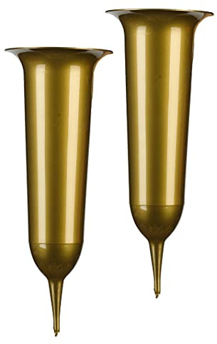 Tymar Lot de 2 vases funéraires avec Piquet - Décoration funéraire - en Plastique (Doré, ø 11,9 cm)