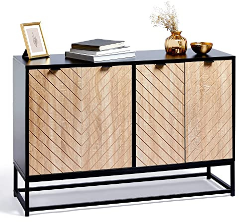 VonHaus Sideboard Industrial Modern Storage Cabinet | 4 Doors & Shelf - Black Framed Storage Unit, Large Top Surface & Metal Legs - Living Room Cabinet - Lounge, Hallway - Dalton