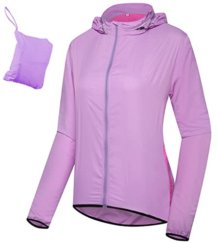 TDHLW Fahrradjacke Damen Wasserdicht Atmungsaktiv Dünne Regenjacke Fahrradmantel mit Kapuze Packbare Winddicht Reflektierende Fahrradjacke Outdoor Windjacke,Lila,M
