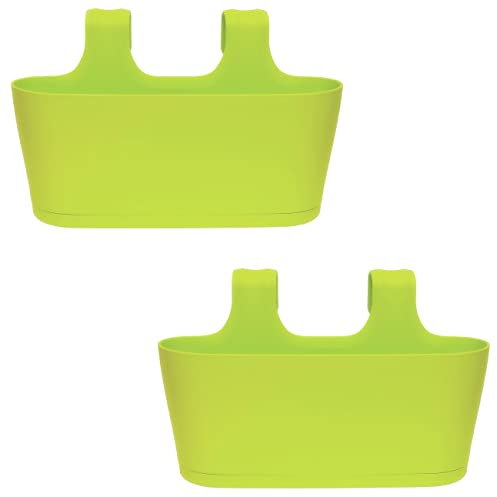 Engelland 2 x Blumenkasten zum Auf-Hängen, Farbe: Grün, Blumentopf, oval, Balkon, Übertopf, Pflanzkasten, mit Wasserspeicher/Wasserauffangschale