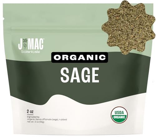 J Mac Botanicals, Organic Rubbed Sage (2 oz), Certified USDA Organic, Dried Rubbed Sage Leaf. Culinary Grade-excellent for sausage making, fresh Albanian harvest