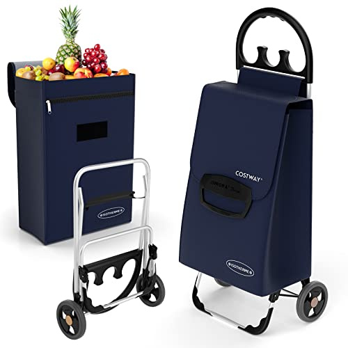 COSTWAY Chariot de Courses en Aluminium Portable, Chariot à roulettes EVA Tout-Terrain, Caddie de Courses Sac Amovible de 70L et Poche Isolante, Chariot Polyvalent pour Courses Camping Lessive Nior