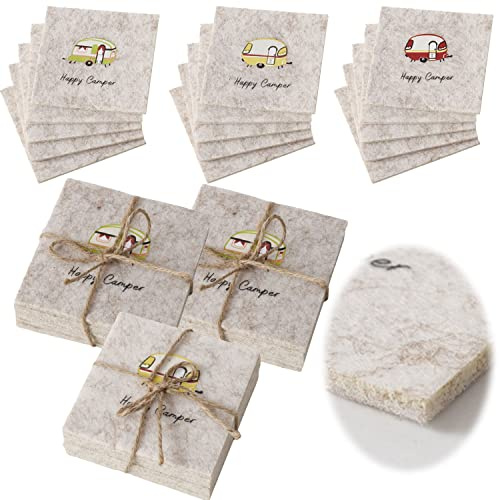 LS-LebenStil 6X Filzuntersetzer Happy Camper Eckig 10cm Camping Beige für Gläser Getränke Glasuntersetzer