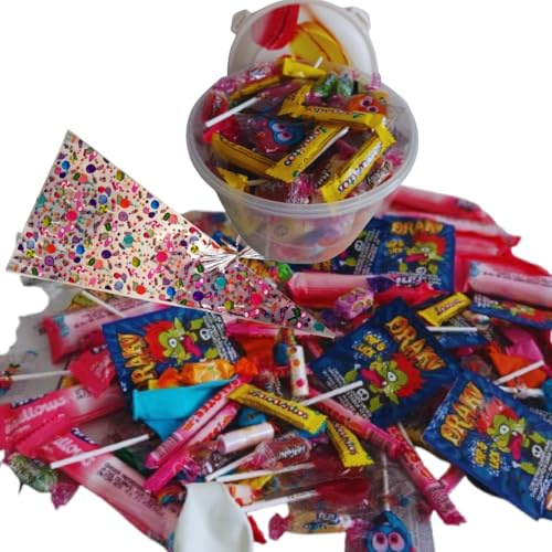 Golopin, Pack 110 unidades. Chuches Relleno Piñata. Incluye 10 bolsas Regalo Conos, 100 unidades de Golosinas y Chucherias y Fiambrera de Regalo.